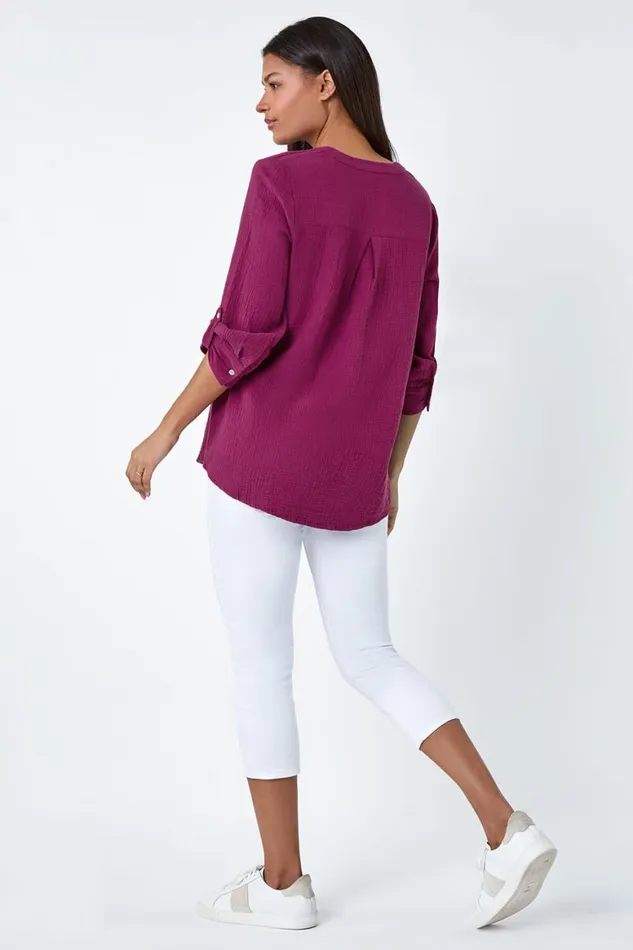 Women Magenta Pleat Detail Cotton Top Roman Tops