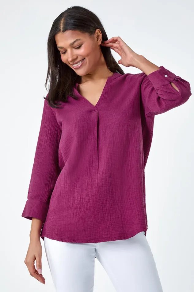 Women Magenta Pleat Detail Cotton Top Roman Tops