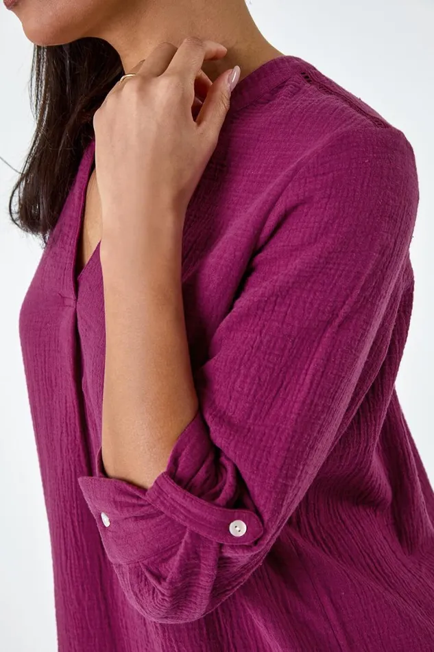 Women Magenta Pleat Detail Cotton Top Roman Tops
