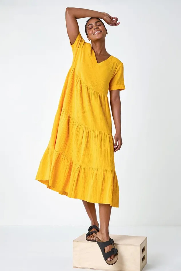 Women Mango Cotton Textured Tiered Midi Dress Roman Dresses