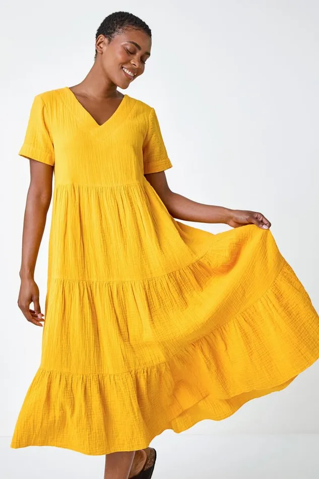 Women Mango Cotton Textured Tiered Midi Dress Roman Dresses