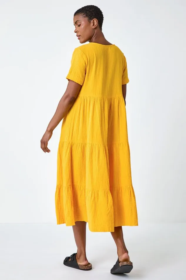 Women Mango Cotton Textured Tiered Midi Dress Roman Dresses