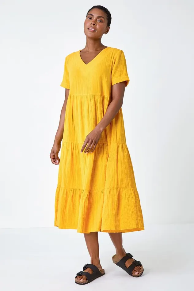 Women Mango Cotton Textured Tiered Midi Dress Roman Dresses