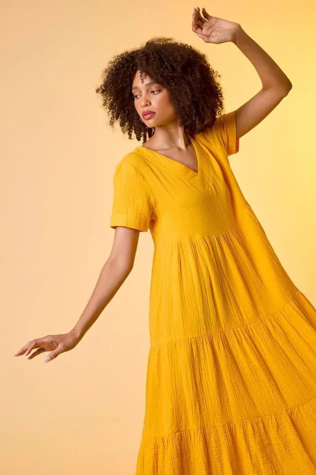 Women Mango Cotton Textured Tiered Midi Dress Roman Dresses