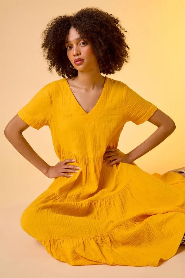 Women Mango Cotton Textured Tiered Midi Dress Roman Dresses