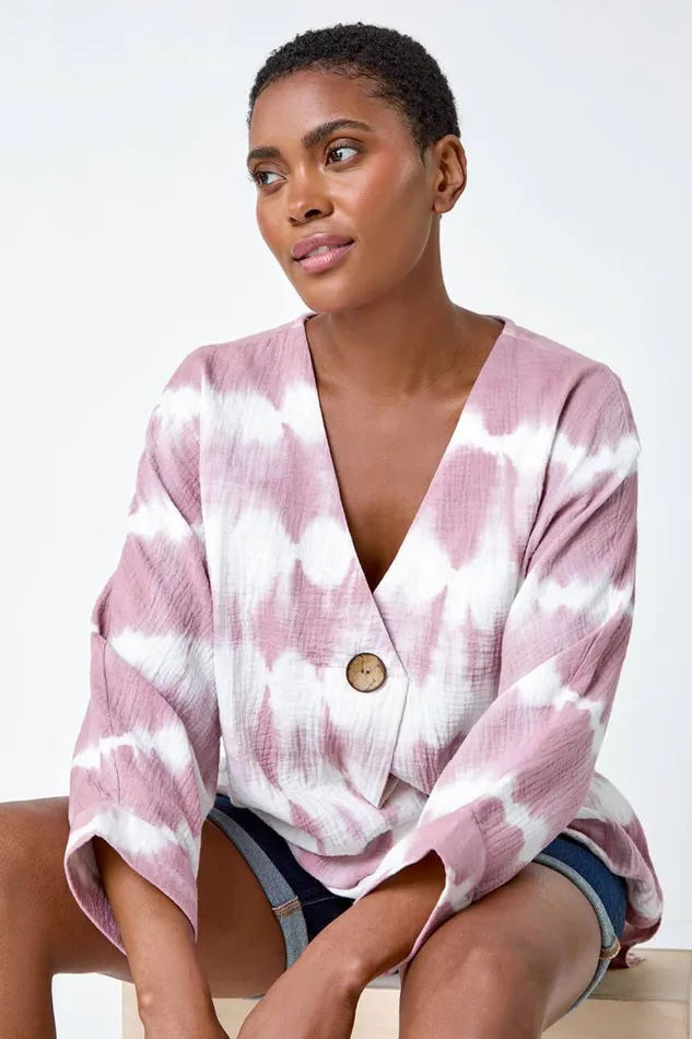 Women Mauve Cotton Tie Dye Button Detail VNeck Top Roman Tops