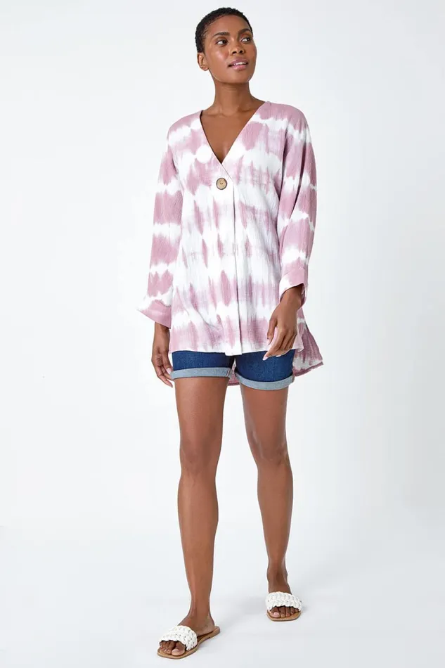 Women Mauve Cotton Tie Dye Button Detail VNeck Top Roman Tops