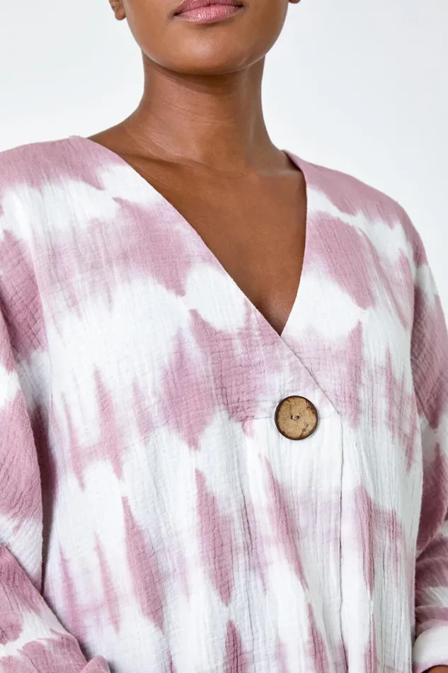 Women Mauve Cotton Tie Dye Button Detail VNeck Top Roman Tops