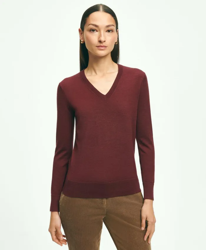 Women Merino Wool VNeck Sweater Burgundy Brooks Brothers Sweaters