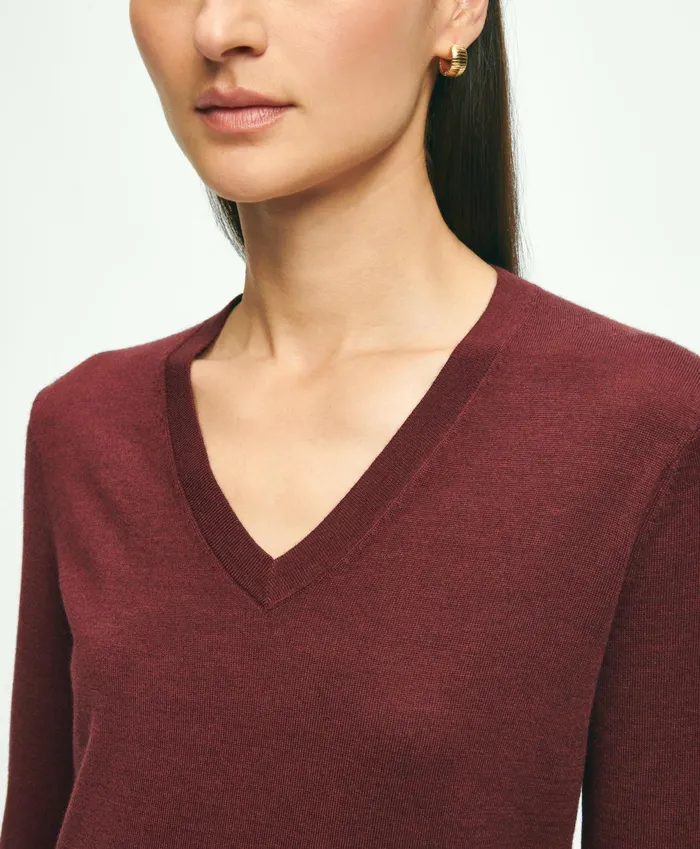 Women Merino Wool VNeck Sweater Burgundy Brooks Brothers Sweaters