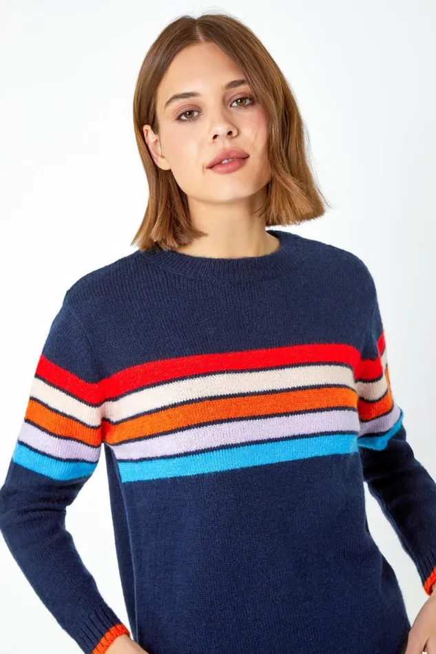 Women Midnight Blue Knitted Colourblock Stripe Jumper Roman Knitwear