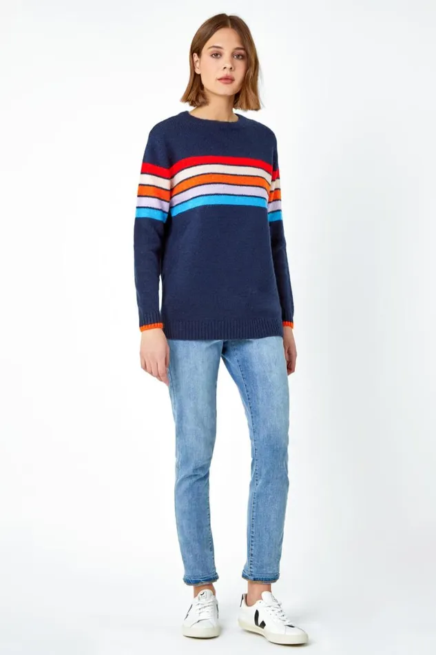 Women Midnight Blue Knitted Colourblock Stripe Jumper Roman Knitwear