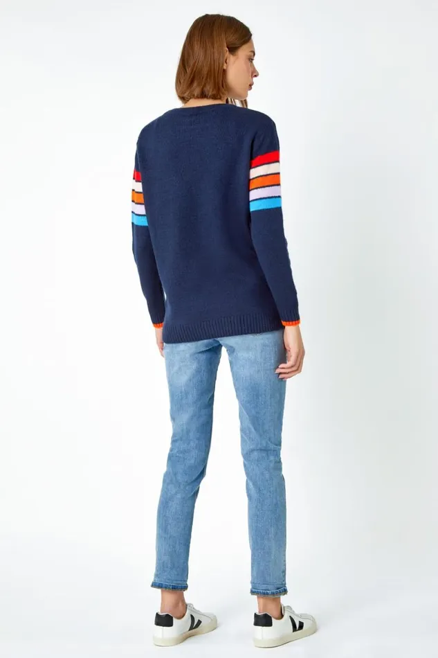 Women Midnight Blue Knitted Colourblock Stripe Jumper Roman Knitwear
