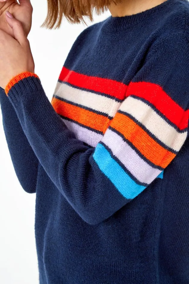 Women Midnight Blue Knitted Colourblock Stripe Jumper Roman Knitwear