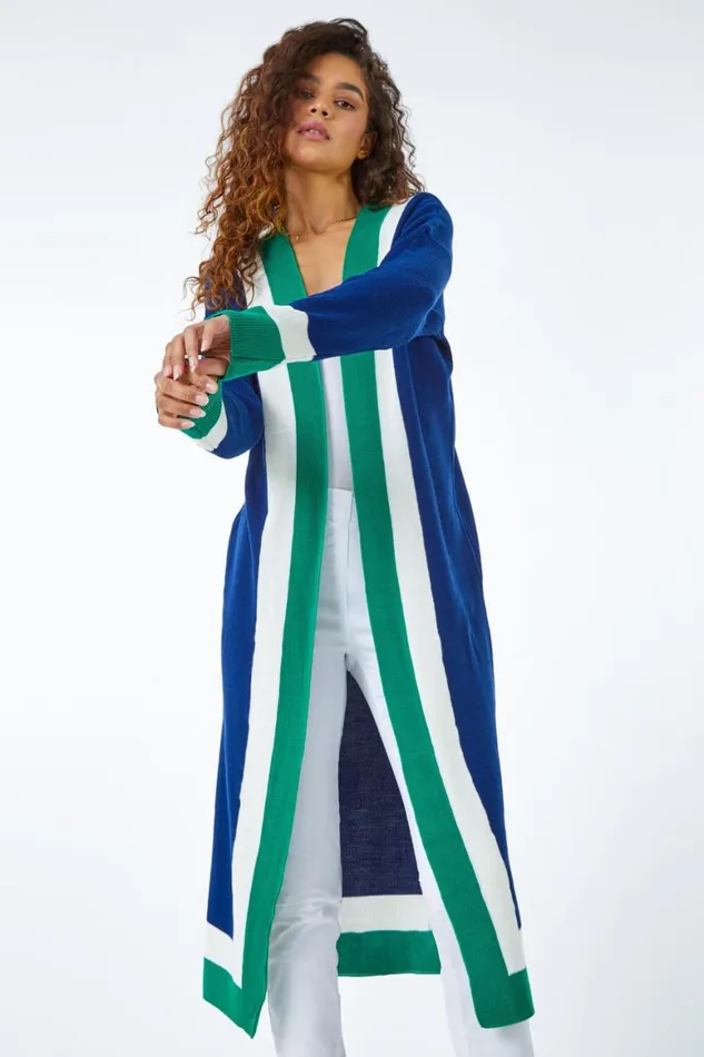 Women Midnight Blue Longline Colourblock Stripe Coatigan Roman Knitwear