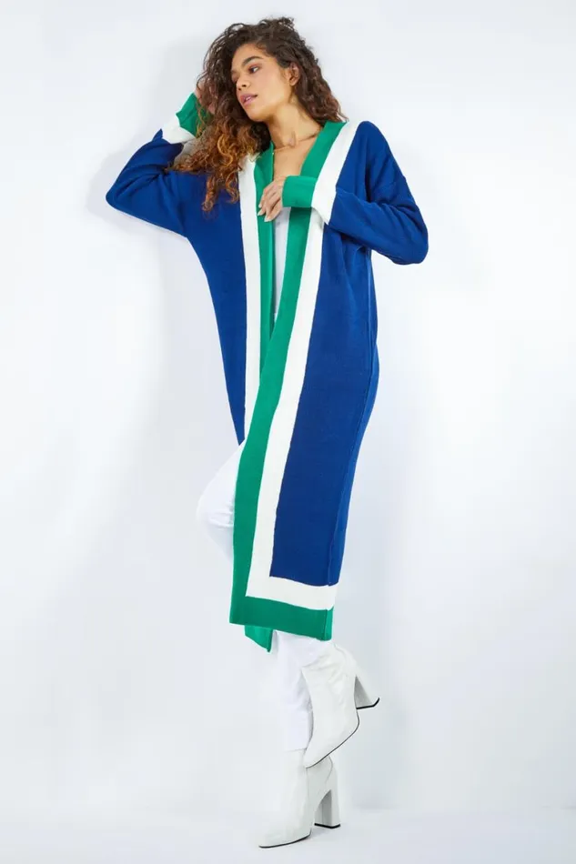 Women Midnight Blue Longline Colourblock Stripe Coatigan Roman Knitwear