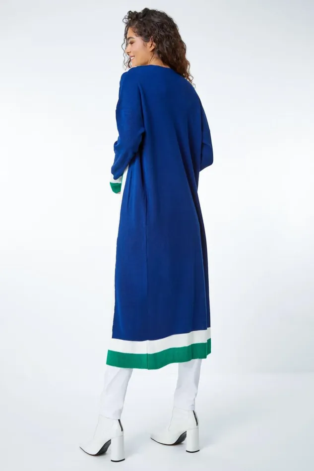 Women Midnight Blue Longline Colourblock Stripe Coatigan Roman Knitwear