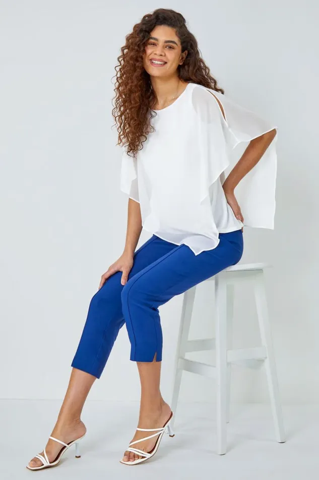 Women Midnight Blue Seam Detail Elastic Waist Cropped Trousers Roman Occasionwear