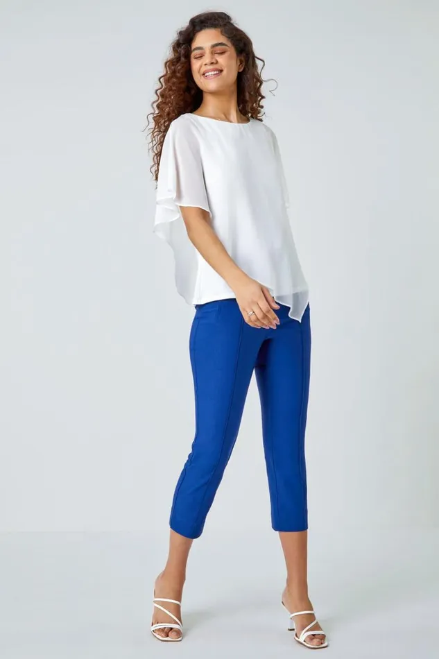 Women Midnight Blue Seam Detail Elastic Waist Cropped Trousers Roman Occasionwear