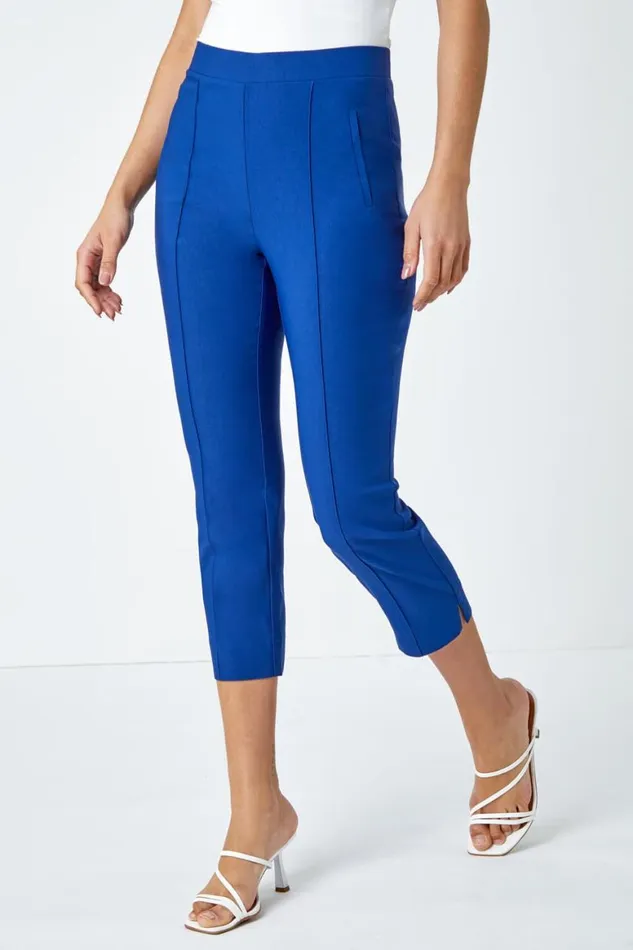Women Midnight Blue Seam Detail Elastic Waist Cropped Trousers Roman Occasionwear