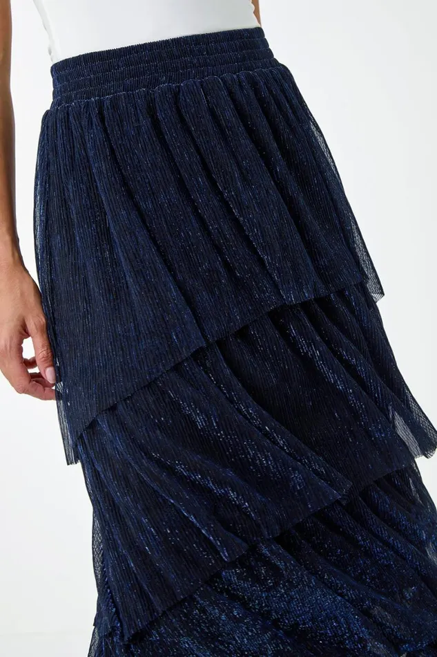 Women Midnight Blue Shimmer Tiered Mesh Maxi Skirt Roman Skirts