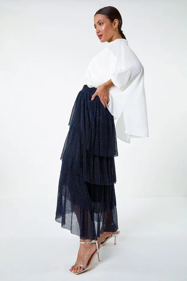 Women Midnight Blue Shimmer Tiered Mesh Maxi Skirt Roman Skirts