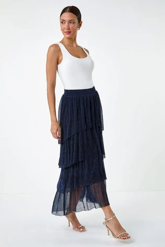 Women Midnight Blue Shimmer Tiered Mesh Maxi Skirt Roman Skirts