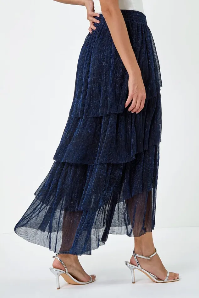 Women Midnight Blue Shimmer Tiered Mesh Maxi Skirt Roman Skirts