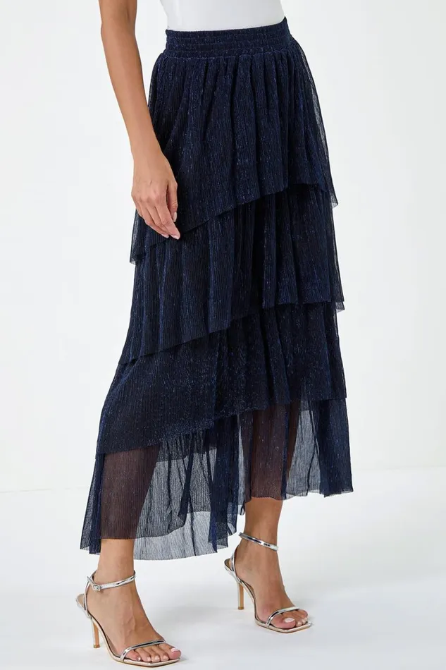 Women Midnight Blue Shimmer Tiered Mesh Maxi Skirt Roman Skirts