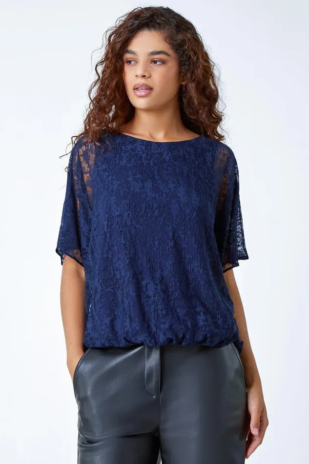 Women Midnight Blue Textured Animal Blouson Stretch Top Roman Tops