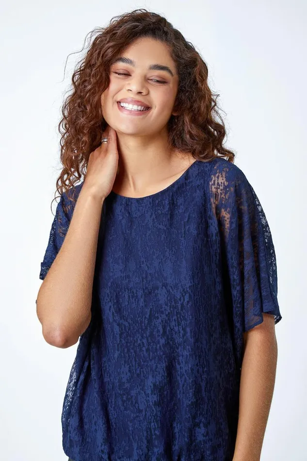 Women Midnight Blue Textured Animal Blouson Stretch Top Roman Tops