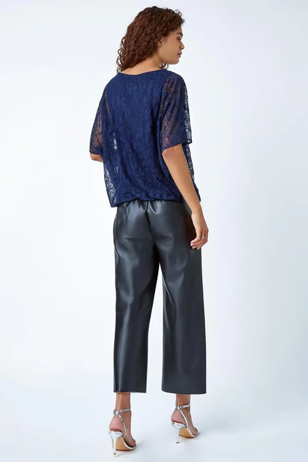 Women Midnight Blue Textured Animal Blouson Stretch Top Roman Tops