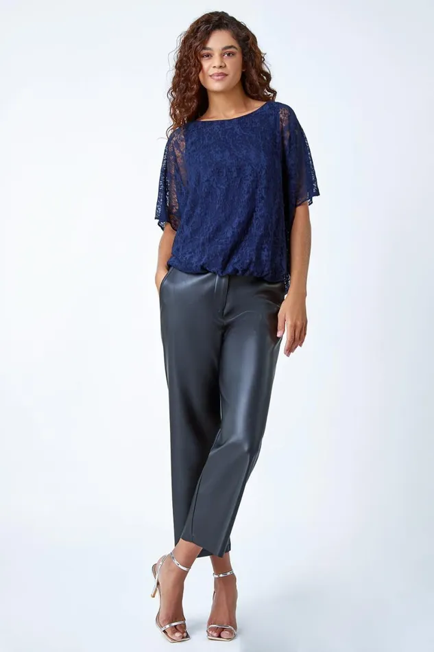 Women Midnight Blue Textured Animal Blouson Stretch Top Roman Tops