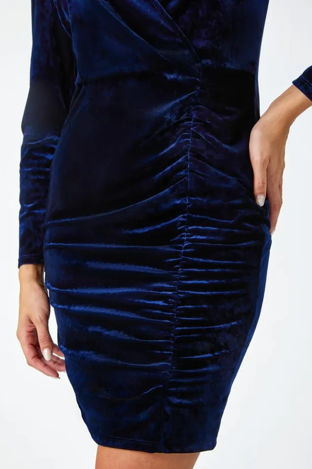 Women Midnight Blue Velvet Ruched Waist Stretch Wrap Dress Roman Dresses