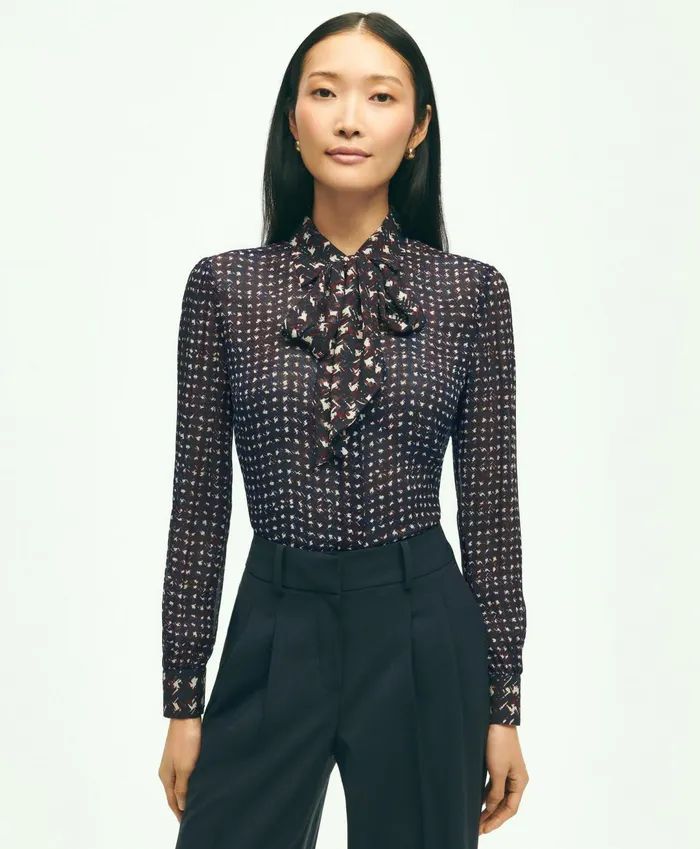 Women Mixed Plaid Print Bow Neck Blouse Navy Multi Brooks Brothers Blouses and Shirts