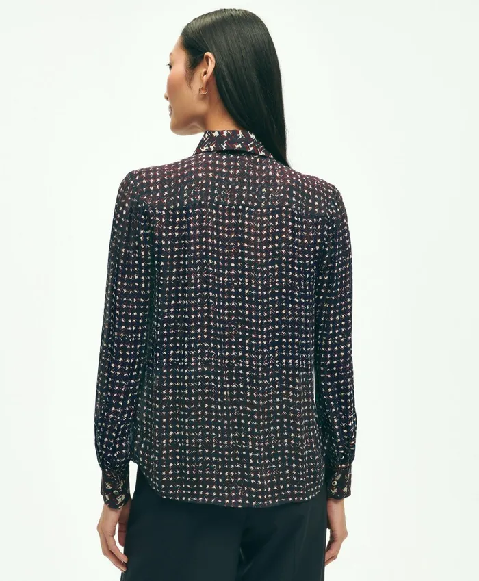Women Mixed Plaid Print Bow Neck Blouse Navy Multi Brooks Brothers Blouses and Shirts