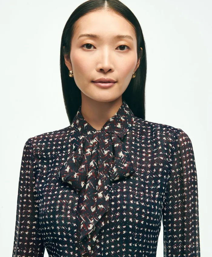Women Mixed Plaid Print Bow Neck Blouse Navy Multi Brooks Brothers Blouses and Shirts