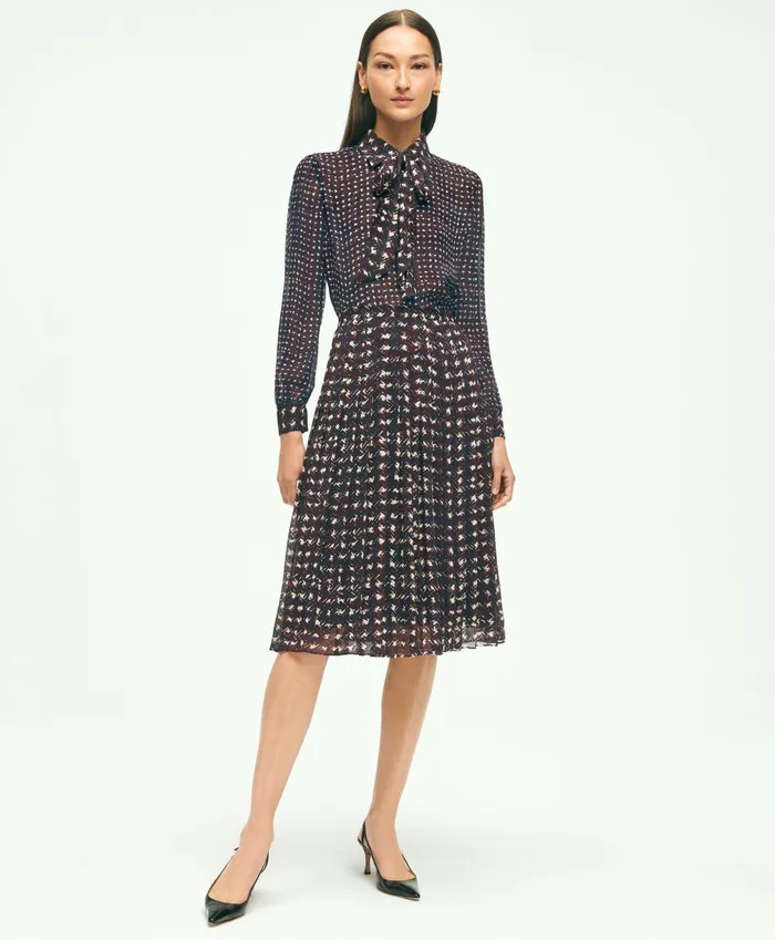 Women Mixed Plaid Print Bow Neck Blouse Navy Multi Brooks Brothers Blouses and Shirts