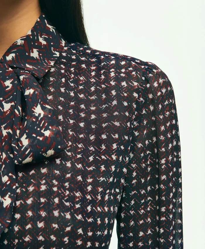 Women Mixed Plaid Print Bow Neck Blouse Navy Multi Brooks Brothers Blouses and Shirts