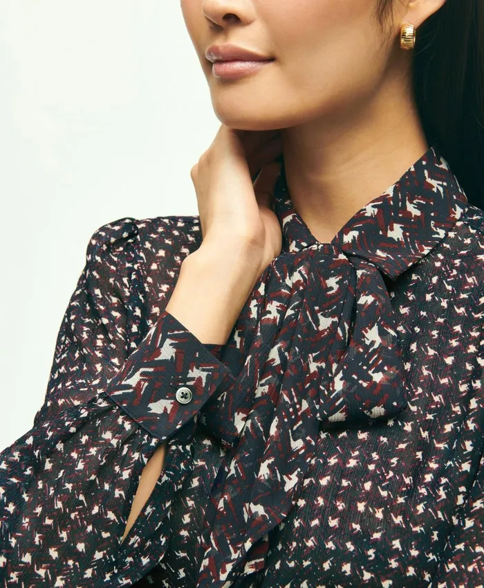 Women Mixed Plaid Print Bow Neck Blouse Navy Multi Brooks Brothers Blouses and Shirts