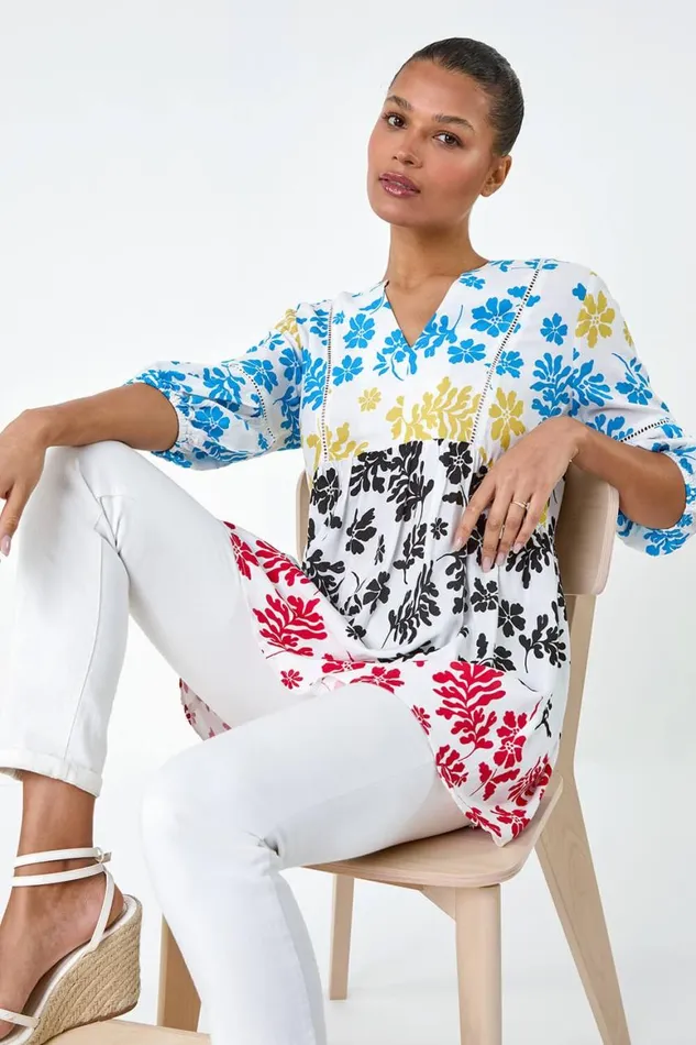 Women Multi Contrast Floral Print Ladder Trim Top Roman Tops