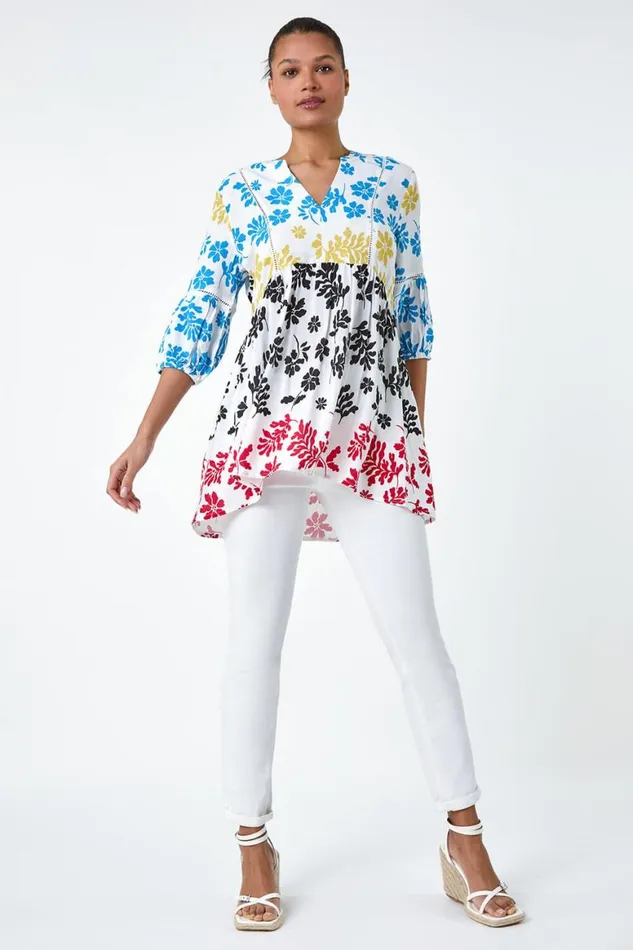Women Multi Contrast Floral Print Ladder Trim Top Roman Tops