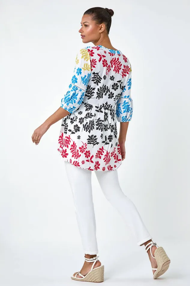Women Multi Contrast Floral Print Ladder Trim Top Roman Tops