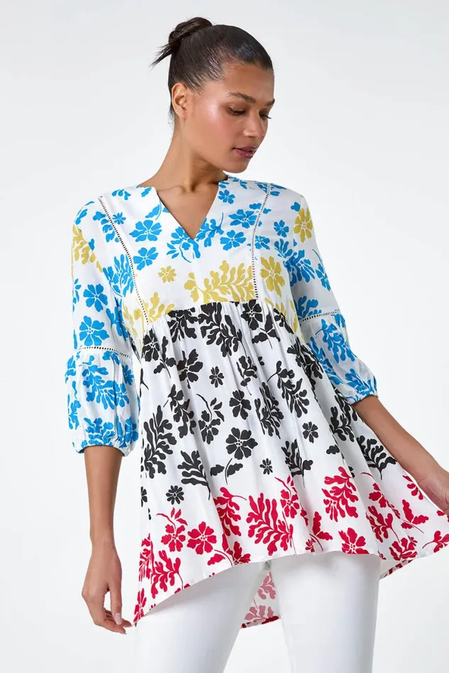 Women Multi Contrast Floral Print Ladder Trim Top Roman Tops