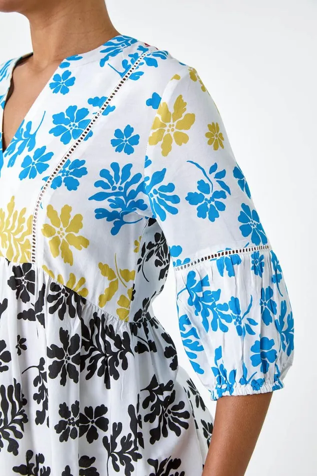 Women Multi Contrast Floral Print Ladder Trim Top Roman Tops