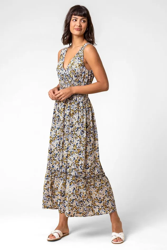 Women Multi Ditsy Floral Shirred Waist Midi Dress Roman Dresses