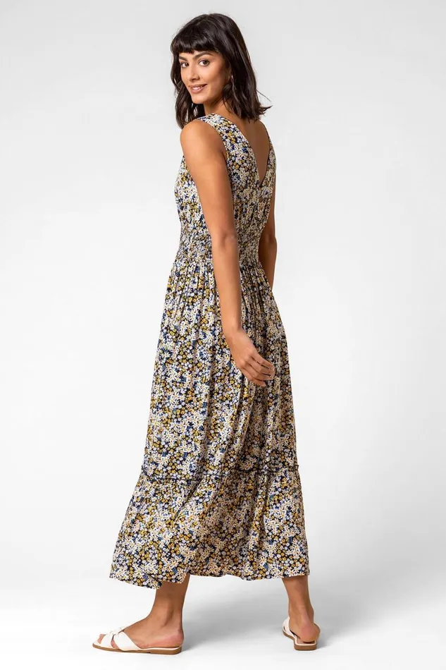 Women Multi Ditsy Floral Shirred Waist Midi Dress Roman Dresses