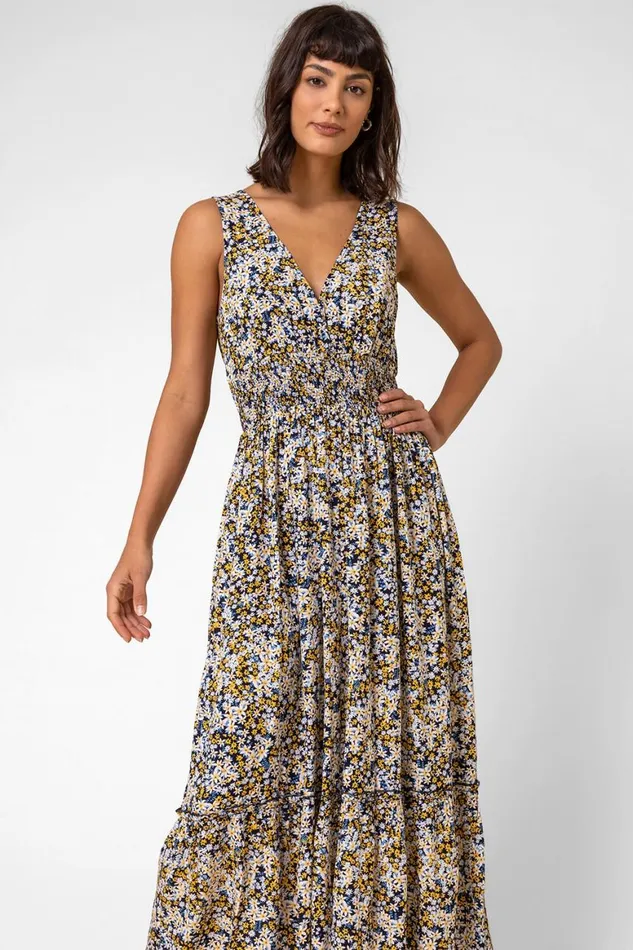 Women Multi Ditsy Floral Shirred Waist Midi Dress Roman Dresses