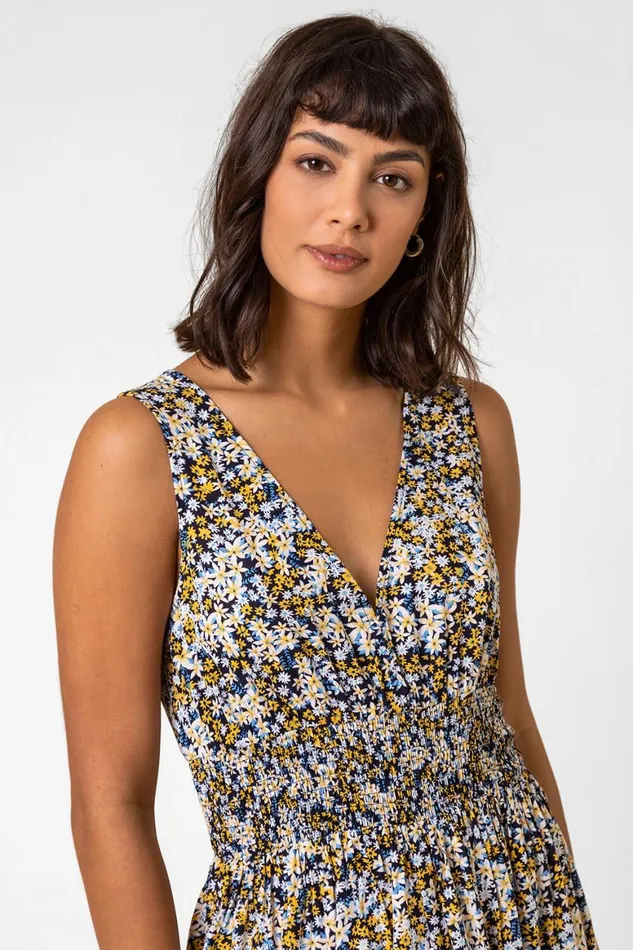 Women Multi Ditsy Floral Shirred Waist Midi Dress Roman Dresses