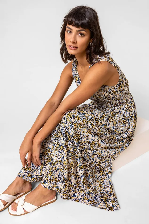 Women Multi Ditsy Floral Shirred Waist Midi Dress Roman Dresses